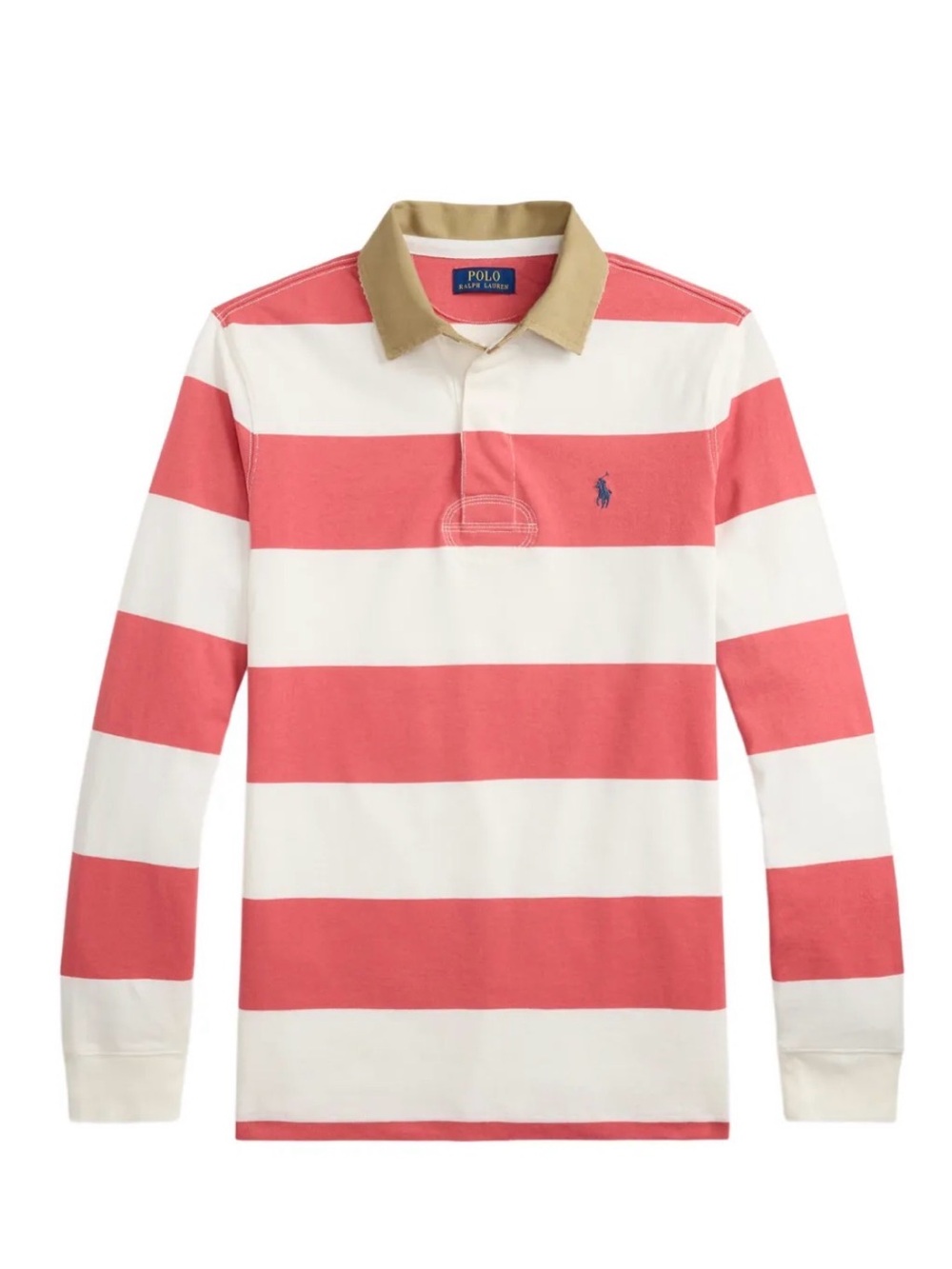 Polo by Ralph Lauren men’s Coral and White Striped Rugby with Tan Collar